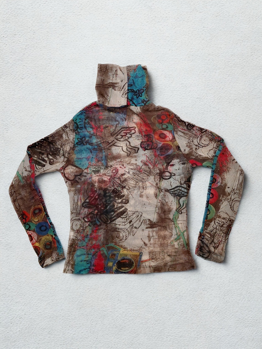 Leuka European Boutique Abstract Art Print Mesh Turtleneck Top